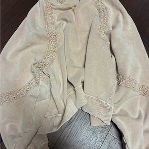 aerie Beige Lace-Trim Cozy Sweatshirt